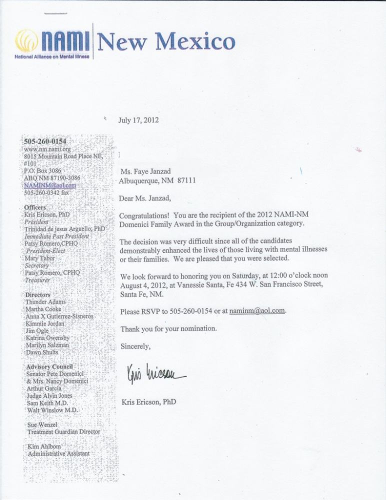 Faye Janzad - NAMI AWARD Letter